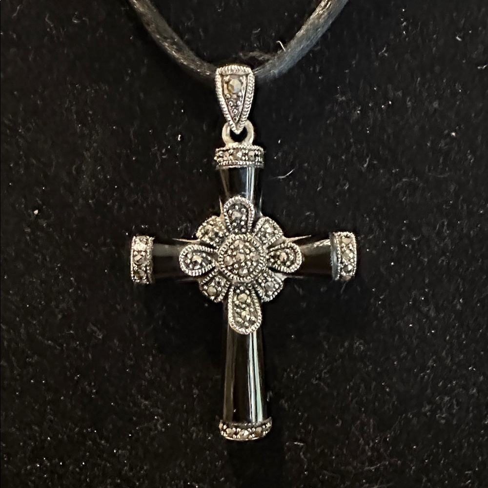 Vtg. 925 Silver Black Onyx & Marcasite Cross Pendant, 2”